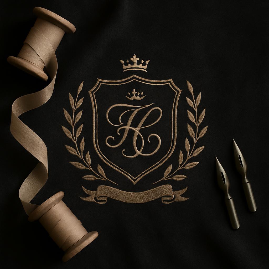 A monogram of "K" surrounded by a crest, such as may be used on a crest badge or shirt, with a crown on top. In the backgr...