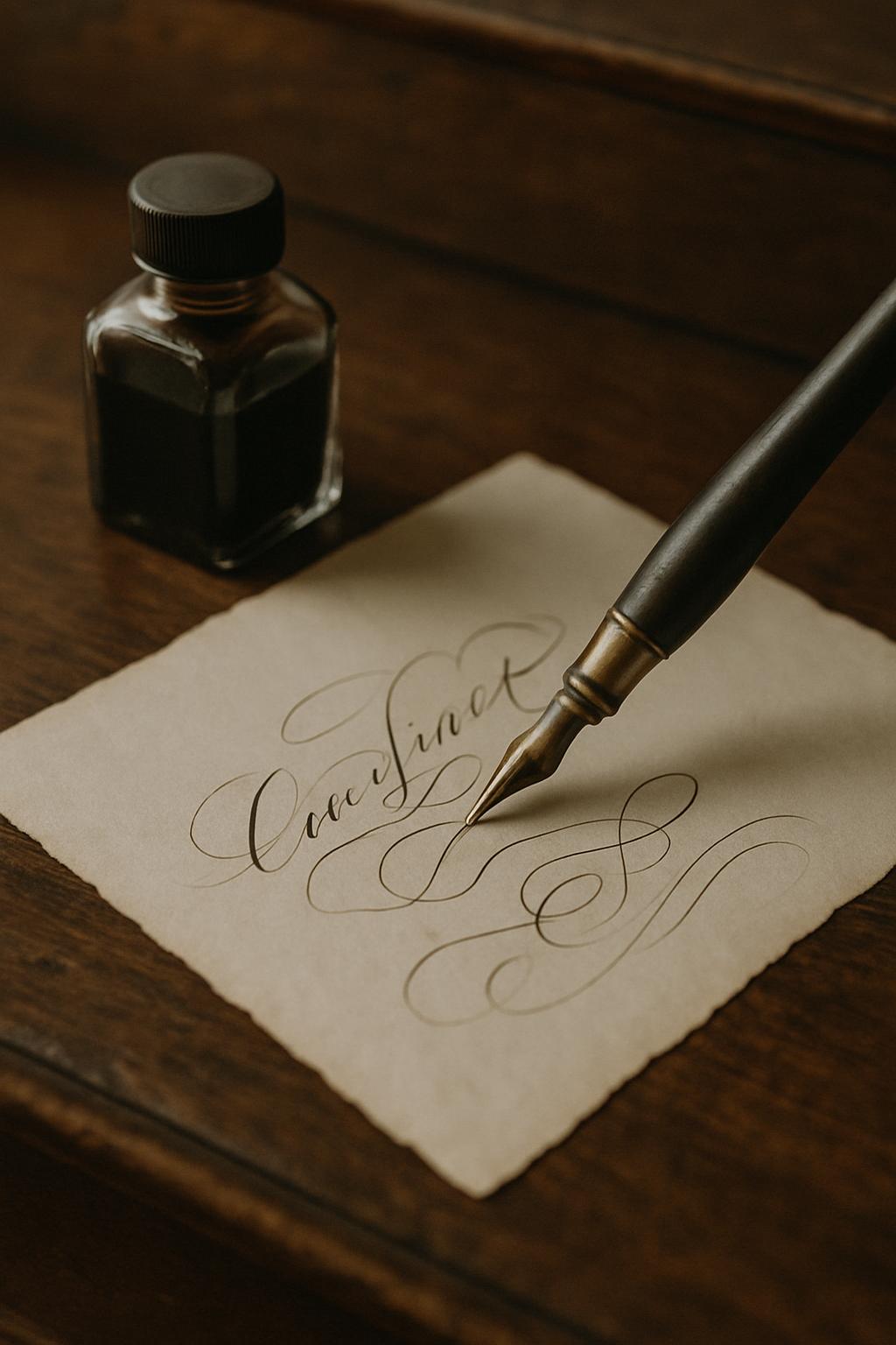 a glass bottle of ink sits near a piece of paper with a calligraphic pen trace over the word "consinet" in an ornate script.