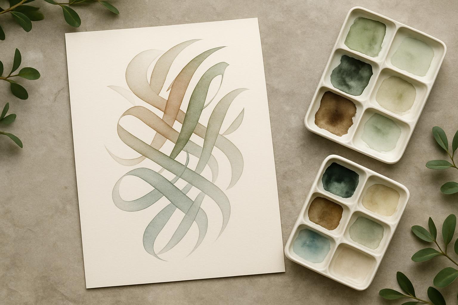 .hand-wiped watercolor art in muted colours and small, segmented watercolour palette