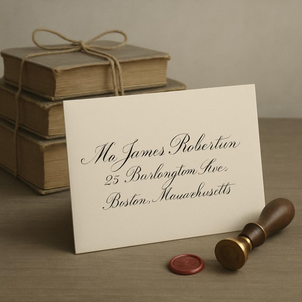 A card with an address on it, sitting next to a book and stamp.