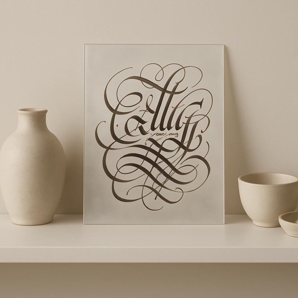 A beige poster on a table is the subject of the image. On the left, a cylindrical vase and a round bowl beside a rounded b...