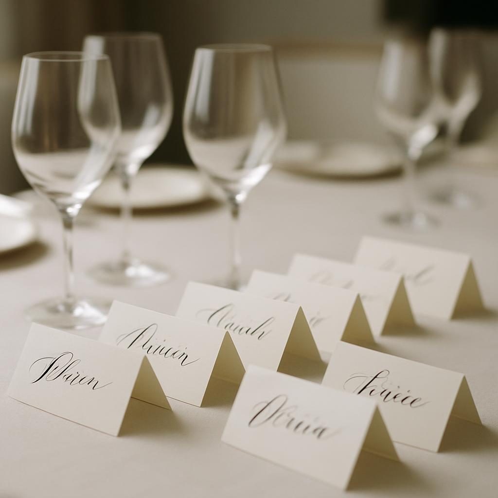 A table setting with wine glasses and place cards.