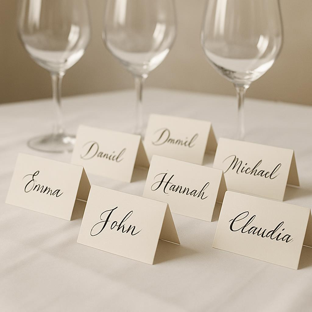 Table place cards with personalized names for guests at a luncheon or event, with wine glasses on the tablecloth.